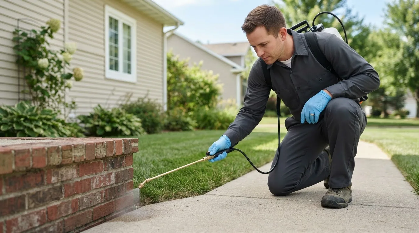 Pest control technician treating a home near Hachita, NM